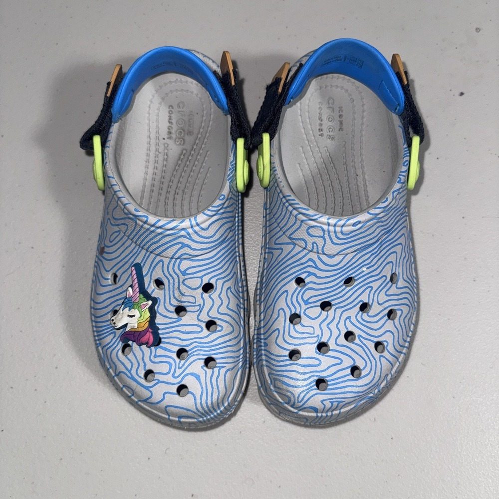 Crocs Kids J3 Blue All Terrain Topographical Print Clogs Casual Everyday Travel